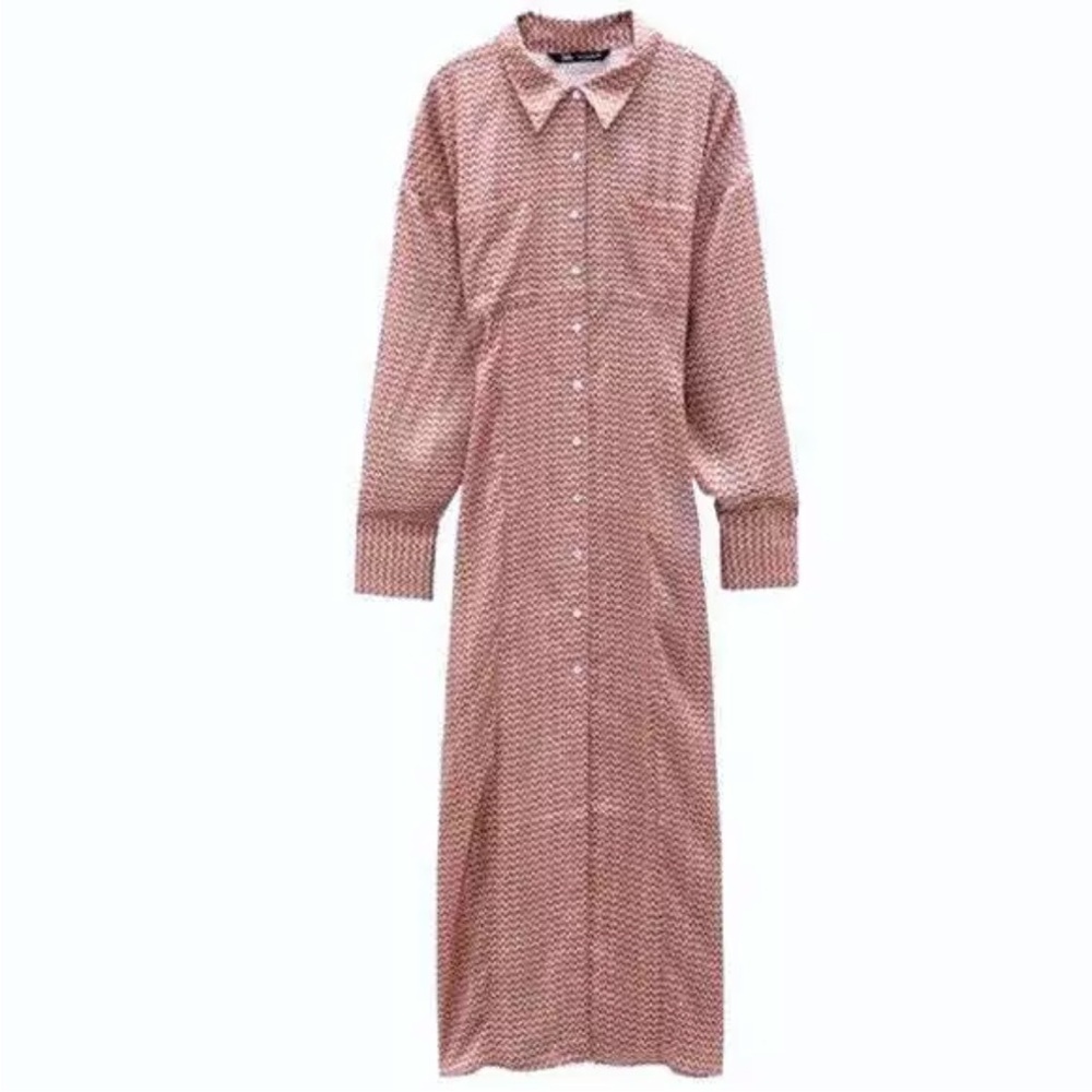 Zara Maxi Silky Pink Floral Dress Duster Medium Button Down NWT